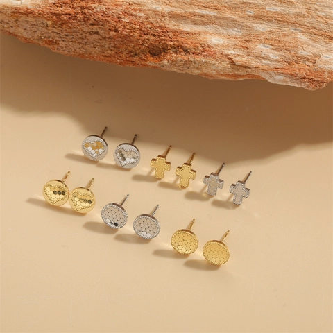 Orecchini a Bottone Geometrici Vintage Francesi Con Perno in Argento Sterling 925 Croce di Rame Cuore Tondo Gioielli Donna
