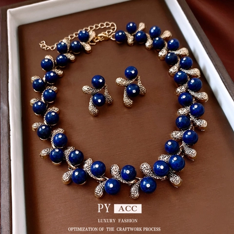 Vintage Jewelry Necklace And Earrings For Women Resin Blue Beads Alloy Flower With Silver Earring Post Elegant Rhinestone