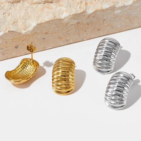 Stainless Steel Ribbed Croissant Earrings Chunky Textured Irregular Spiral Studs Vintage Style For Women