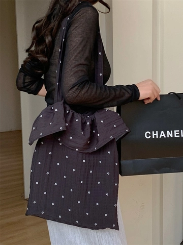 Borsa Tote Da Donna Chiffon Bordo Con Volant Stampa Ciliegia Floreale Grande Capacità Borsa A Spalla Stile Pastorale Dolce