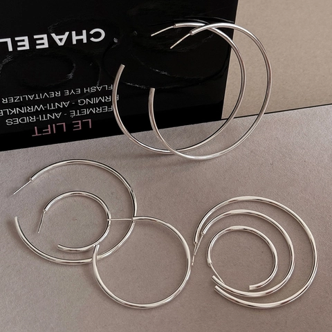 Grandi Orecchini A Cerchio Tondi Con Perno In Argento Metallo Rame Minimalista Forma A C Gioielli Per Donne Accessori