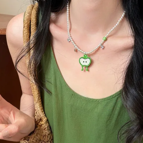 Süße Grüner Apfel Anhänger Halskette Handgefertigte Bunte Perlen Obst Schlüsselbein Kette Schmuck Für Frauen