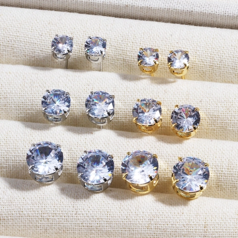 Classic Round Cubic Zirconia Stud Earrings With Copper Earring Post Four Claw Setting Shiny Fashion For Women