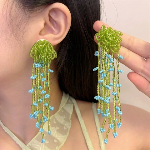 Orecchini Pendenti Con Nappa Di Fiori Di Perline Fatti A Mano Con Perno In Argento Per Donna Stile Boho Mare Verde Blu