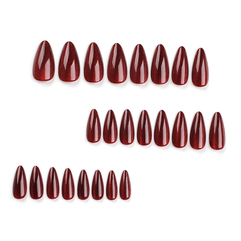 Valentine's Day Wine Red Cat Eye Almond Shape Press On Nails Shimmer Glossy Soft Gel Fake Nails For Women DIY Manicure