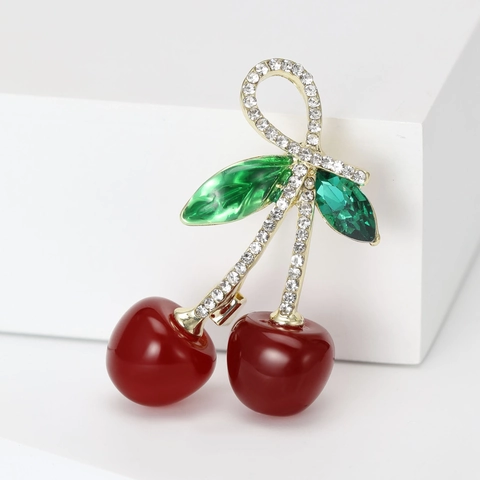 Fashion Cherry Brooch Alloy Rhinestone Drip Oil Fruit Shape Jewelry Pin For Women Dress Coat Accessories