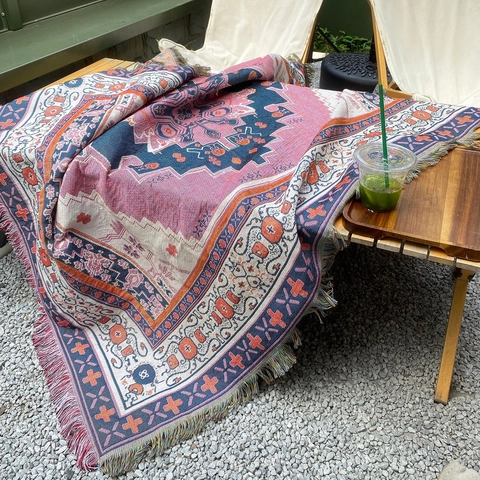 Coperta In Cotone Bohemien Motivo Geometrico Jacquard Doppia Faccia Con Nappe Per Campeggio Esterno Divano Decorazione