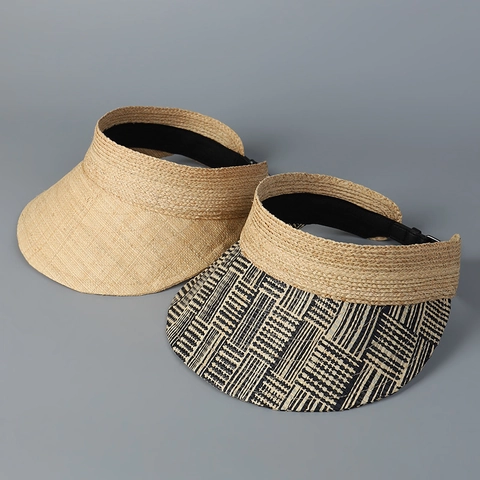 Raffia Straw Sun Visor Hat Empty Top Adjustable Leather Buckle Breathable Foldable Beach Travel Casual For Women