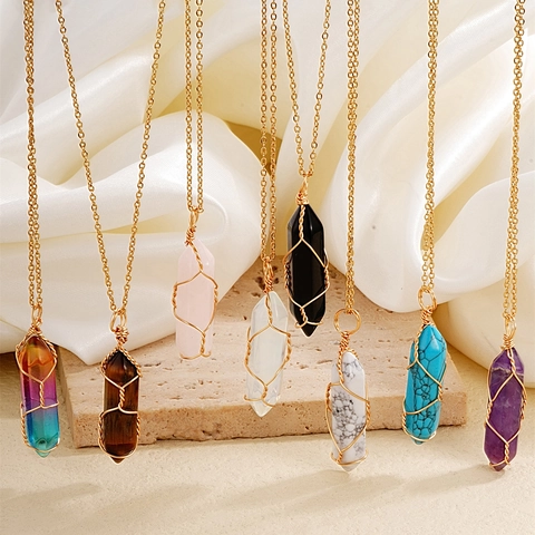 Handmade Gold Wire Wrapped Natural Stone Hexagonal Prism Crystal Point Column Pendant Necklace For Women Bohemian