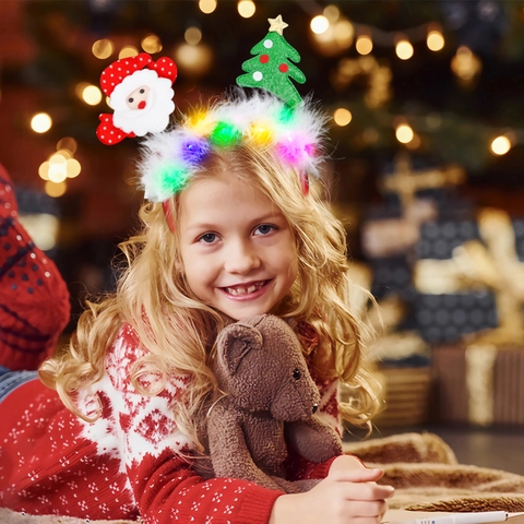 Christmas Headband LED Glowing Light Up Reindeer Antlers Santa Xmas Tree Feather Sequin Party Costume Accessory Kids Adults
