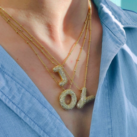 Collana Lettera Bolla Acciaio Inossidabile Placcato Oro 18K Pendente Alfabeto Zirconia Hip Hop Unisex