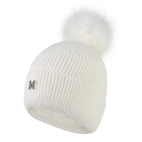 Gorro de Punto para Mujer Invierno Con Forro Polar y Pompón de Piel Sintética Letra M Strass Gorro Cálido Color Sólido Protección para los Oídos