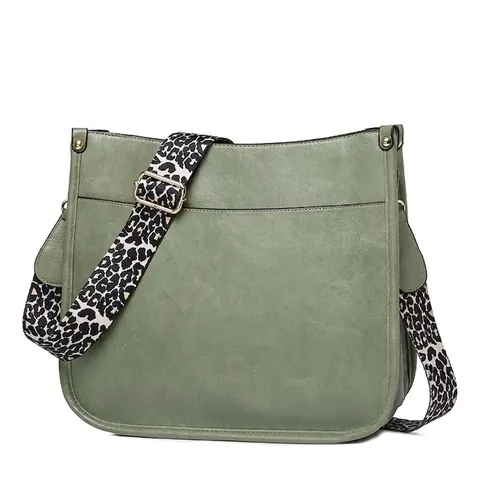 Women PU Leather Crossbody Bag Lychee Texture Leopard Print Wide Strap Large Capacity Shoulder Bag Fashion Satchel