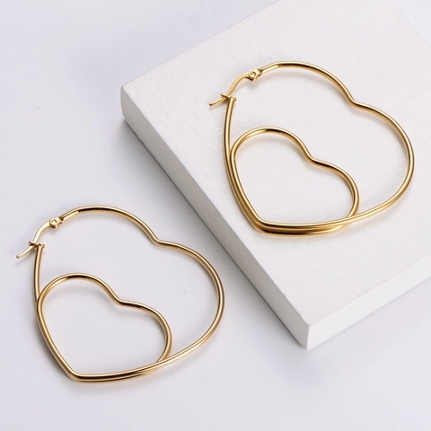 Double Nested Heart Hoop Earrings 316L Stainless Steel Gold Plated Minimalist Large Geometric Jewelry For Women
