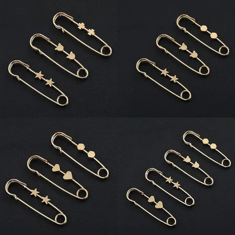 Gold Metal Safety Pin Brooch For Women Waist Adjuster Fixed Clothes Decoration Pin Heart Star Clover Shape Fashion Accessories