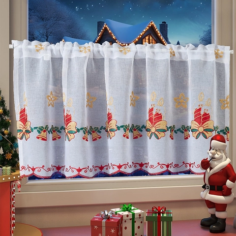Christmas Coffee Curtain Sheer Polyester Short Kitchen Window Valance Red Gold Embroidery Snowflake Bell Scalloped Edge