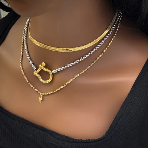 Layered Necklace Stainless Steel 18K PVD Gold Plated Waterproof Horseshoe Buckle Lightning Zircon Charm Retro Women Chic