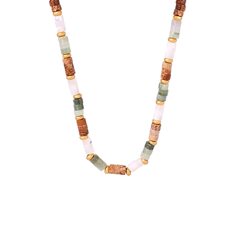 Natural Stone Beaded Necklace For Women Bohemian Vintage Handmade Geometric Green White Brown Titanium Steel Jewelry