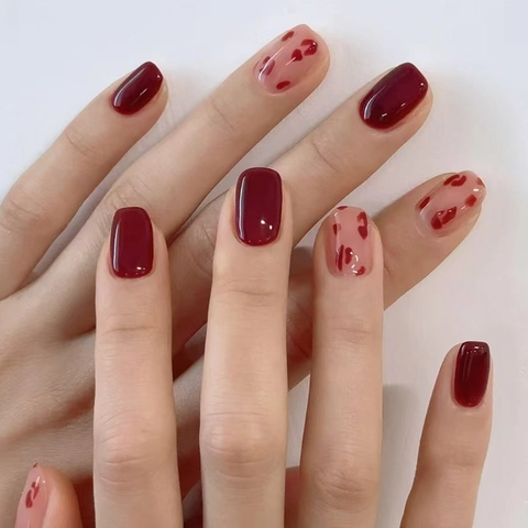 Press On Nails Translucent Red Leopard Print Sweet Cute Square Round Shape Fashionable Glossy Artificial Fingernails