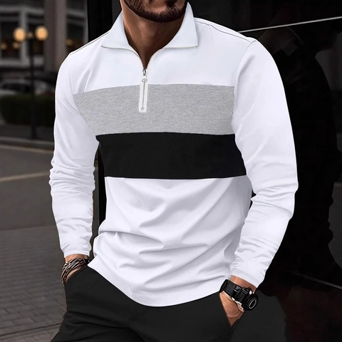 Polo Da Uomo A Maniche Lunghe Maglia A Nido D Ape Zip A Un Quarto Color Block Retro Moda Felpa Casual