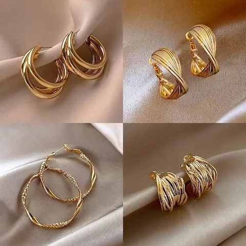 Fashion Hoop Earrings With 925 Sterling Silver Earring Post Geometric Twisted C Shape Gold Plated Alloy Jewelry For Women