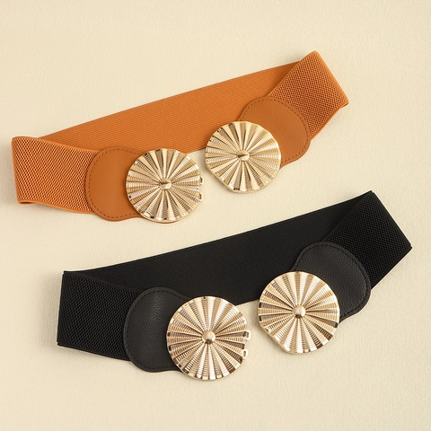Women Elastic Waist Belt Wide Corset Band Gold Round Sun Texture Metal Buckle PU Leather Retro Fashion Dress Accessory