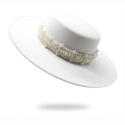 Elegant Wide Brim Boater Hat Flat Top Artificial Pearl Decoration Vintage Style Cotton Polyester Fashion Accessory Women