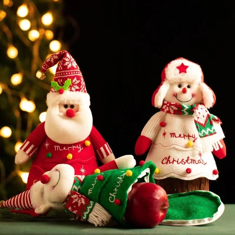 Bolsa de Regalo de Navidad de Peluche Tela Suave Bolsa de Caramelos Con Bordado Merry Christmas Para Fiesta Decoración de Hogar Papá Noel Muñeco de Nieve Reno