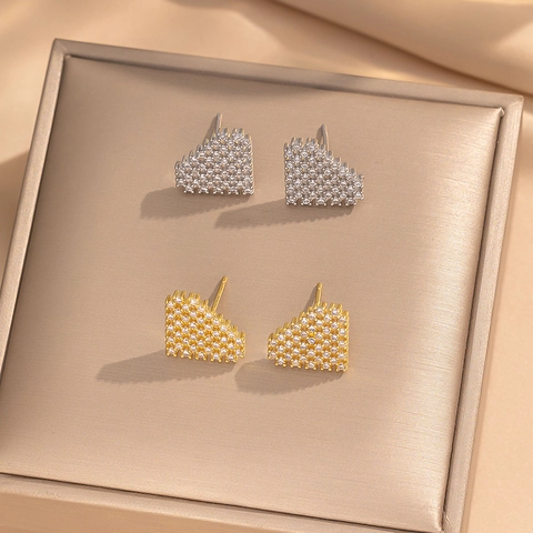 Boucles D'oreilles Puces Cœur Pavées Zircone Cubique Cuivre Luxe Minimaliste Scintillant Bijoux Mariage Pour Femmes