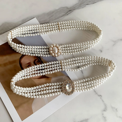 Women Multi Layer Imitation Artificial Pearl Belt Vintage Elastic Waist Chain Rhinestone Metal Buckle Elegant Decorative
