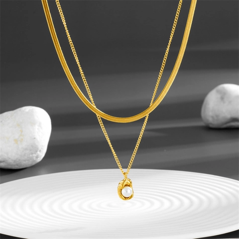 Collar De Doble Capa Color Oro Acero Inoxidable Cadena De Serpiente Plana Colgante De Perla Artificial Irregular Joyería Elegante Para Mujer