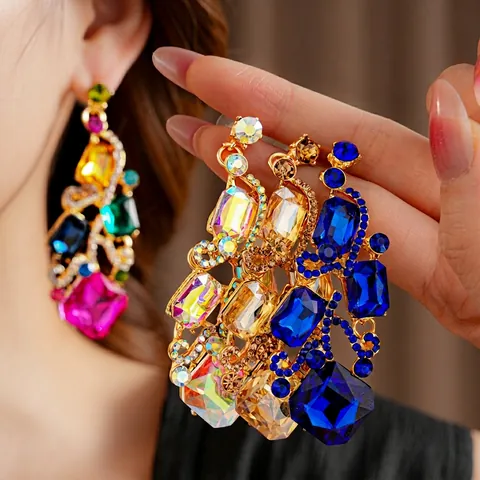 Orecchini Pendenti Stile Corte Vintage Lega Rhinestone Cristallo Lusso Geometrico Accessori Donna Silver Earring Post