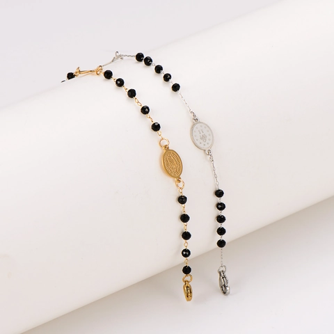 Pulsera De Rosario Acero Inoxidable 304 Cuentas Facetadas Negras Colgante De Cruz Y Medalla Joyería Religiosa Para Mujeres