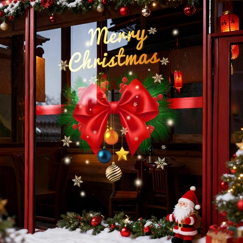 Christmas Window Clings Static PVC Stickers Red Bow Pine Needles Ball Ornaments Merry Christmas Glass Door Decoration