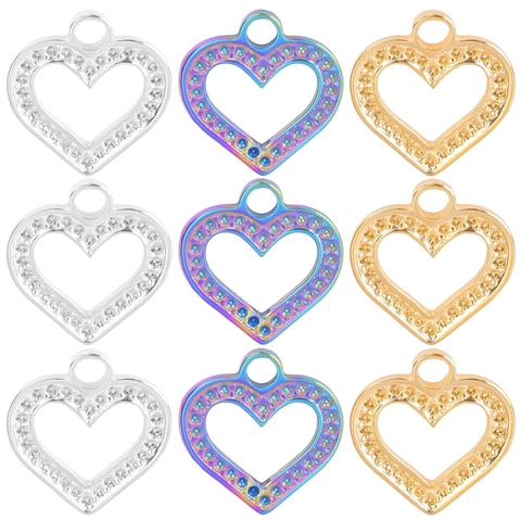 Stainless Steel Heart Shaped Hollow Pendant With Rhinestone Rainbow Gold Silver Color Heart Necklace Pendant For Women Jewelry Accessories