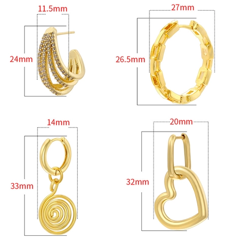 Vintage Brass Hoop Drop Earrings Geometric Heart Spiral Design With Cubic Zirconia For Women Retro Jewelry