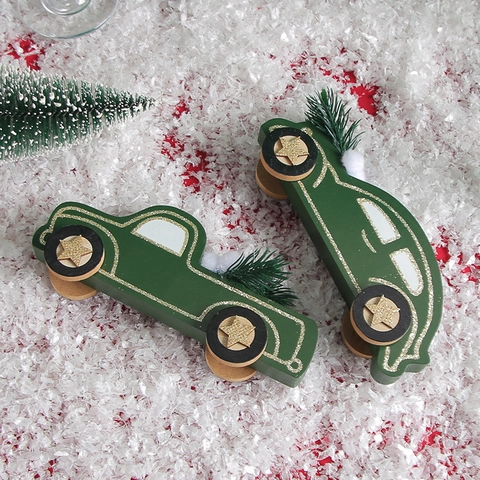 Kerst Houten Auto Ornamenten Donkergroen Vrachtwagen En Sedan Met Mini Pijnboom Goud Glitter Voor Bureau Decor Vintage Stijl
