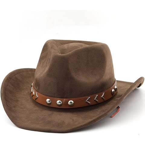 Chapeau De Cow-Boy Western Suédine Large Bord Relevé Vintage Fedora Avec Bande En Cuir Rivetée Pour Hommes Femmes Solaire