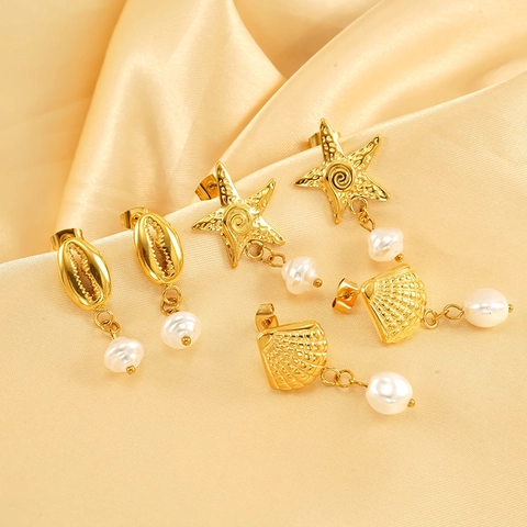 Boucles D'oreilles Pendantes Thème Océan Plaqué Or 18K Acier Inoxydable 304 Étoile De Mer Coquille Imitation Künstliche Perle Bijoux Femmes