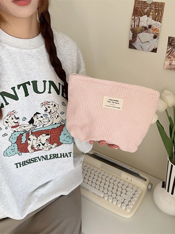 Women Corduroy Makeup Bag Solid Color Portable Toiletry Pouch Korean Ins Style Soft Canvas Lining Zipper Storage