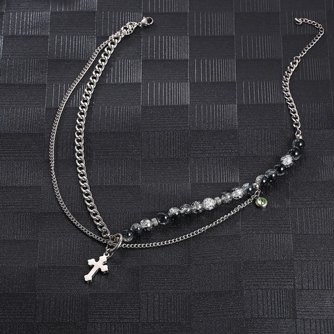Collier Multi-Rangs Et Boucle D Oreille Acier Inoxydable Chaîne À Perles Pendentif Croix Style Gothique
