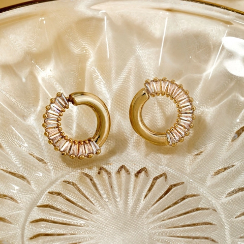 Orecchini a Cerchio in Rame Minimalisti con Strass Baguette per Donna Gioielli di Moda Intarsiati Geometrici Rotondi Eleganti