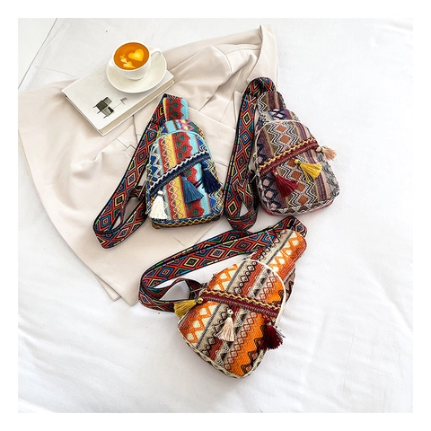 Bohemian Woven Chest Bag With Tassels Geometric Ethnic Crossbody Waist Pack For Women Fashionable Travel Sling