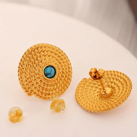 Vintage Runde Geflochtene Textur Ohrringe Gold Überzogener Edelstahl Mit Türkis Und Tigerauge Stein Retro Boho Stil
