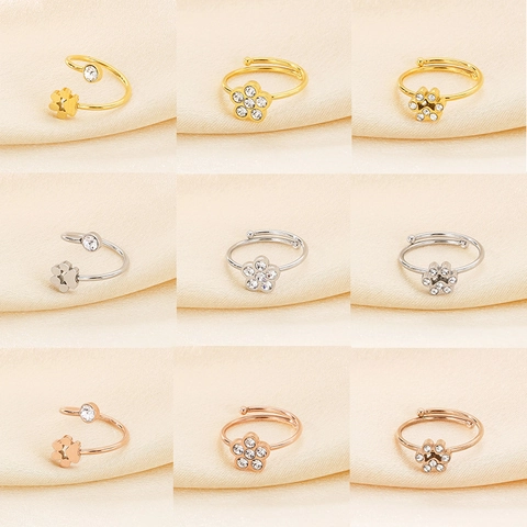 Women Stainless Steel Open Ring Cat Paw Flower Zirconia Inlaid Adjustable Korean Style Lightweight Luxury Fashion Jewelry