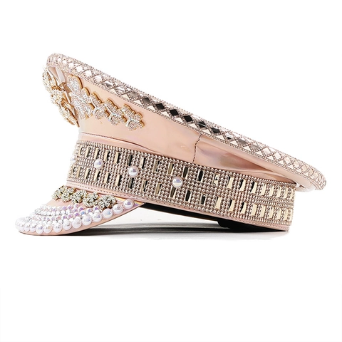 Sombrero De Capitán Militar Con Diamantes De Imitación Cuero Patente Metálico Brillante Con Perlas Artificiales De Imitación Dijes De Mariposa Para Fiesta