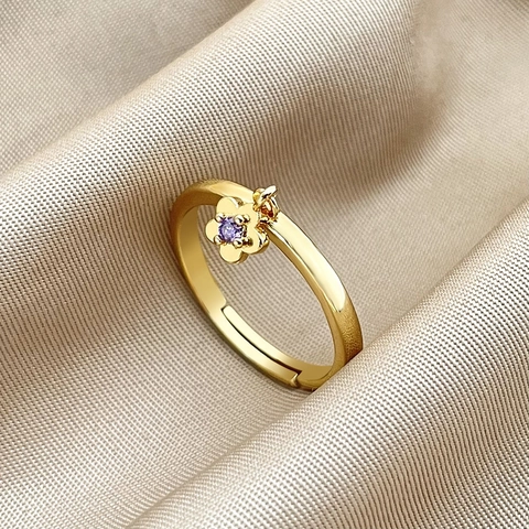 Bague Ouverte Fleur Plaqué Or 18K Style Thaïlandais pour Femme Élégante Bague Réglable en Cuivre avec Zirconia Améthyste Violette