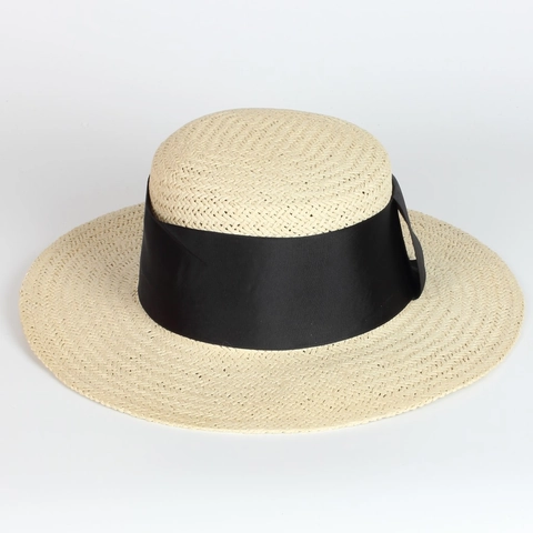 Boater Hat Flat Top Straw Sun Protection Wide Brim Black Grosgrain Ribbon Adjustable Summer Beach Travel For Women Men