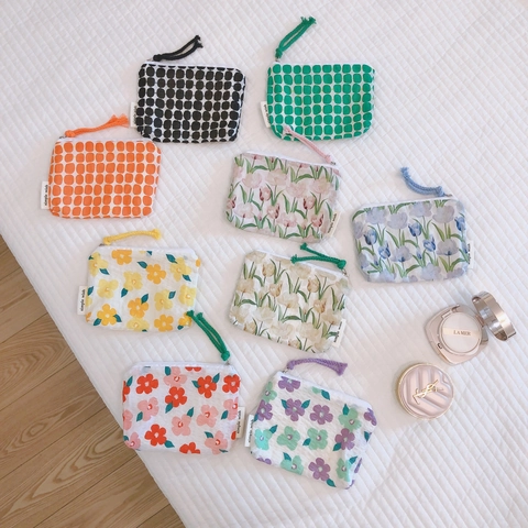 Floral Cotton Canvas Mini Coin Purse Zippered Pouch Cosmetic Makeup Storage Bag Portable For Women
