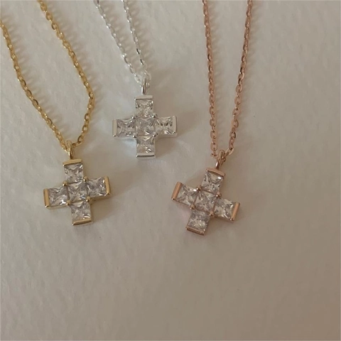 Collana Con Pendente A Croce In Argento Sterling 925 Con Zircone Taglio Quadrato Gioiello Elegante Minimalista Per Donna